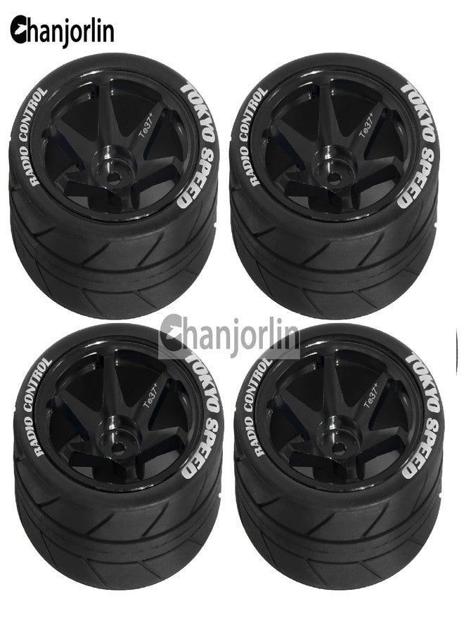 Chanjorlin 1/10 On Road Tires and Aluminum Wheels 12mm Hex RC Rally Racing Tyres OD 2.56" for Tamiya TT01 TT02 XV01 TA06 A959 PTG2 HPI KYOSHO PTG2 Traxxas 1:10 Street Touring Drift Car 4PCS (Black) - Image 4